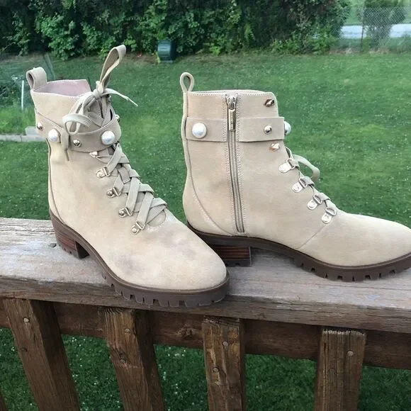 Karl Lagerfeld pearl and gold stud embellished leather lace up boots, size 10 - Picture 2 of 15